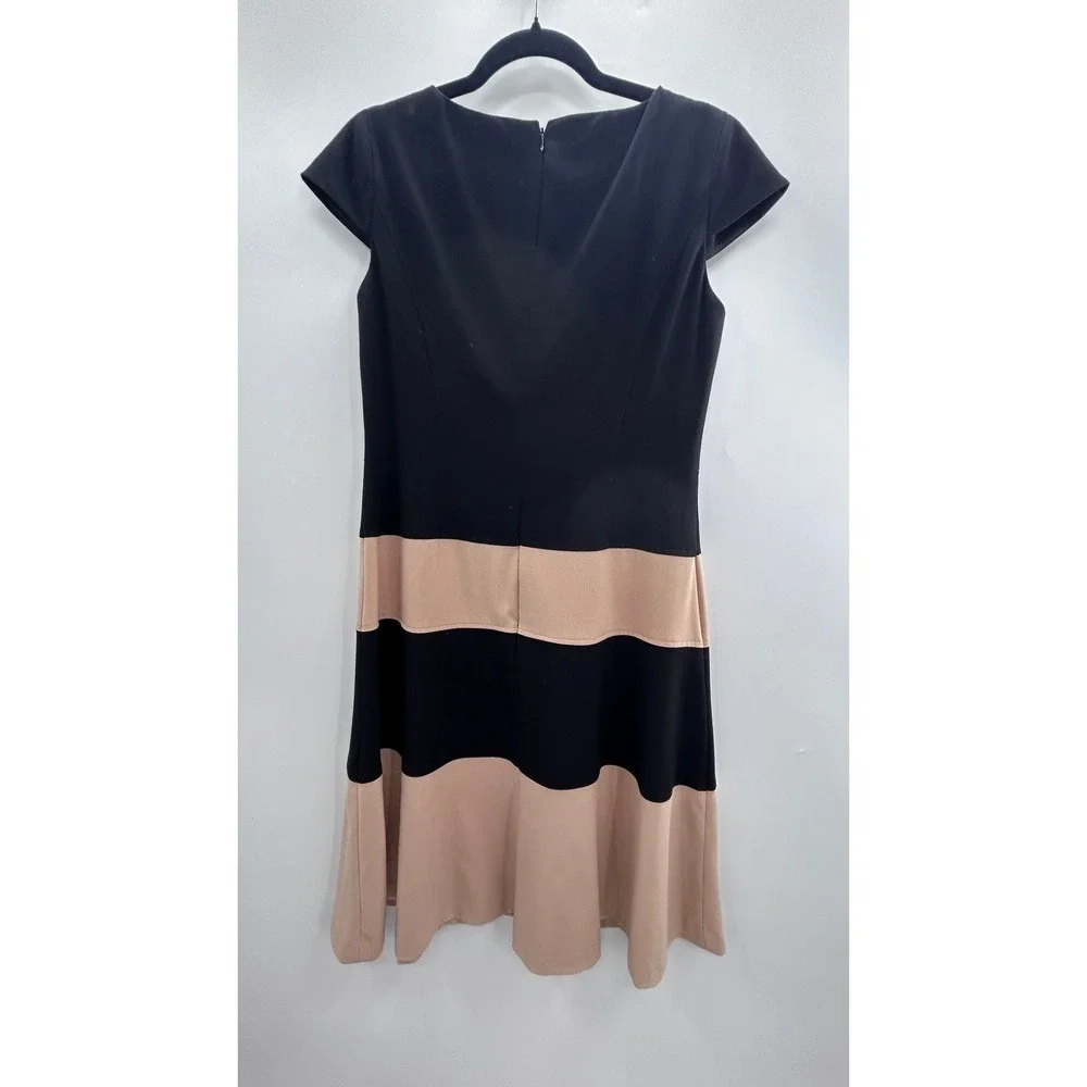 Anne Klein Women Black Tan Colorblock Cap Sleeve Fit Flare Dress Size 10 Career - Picture 4 of 8